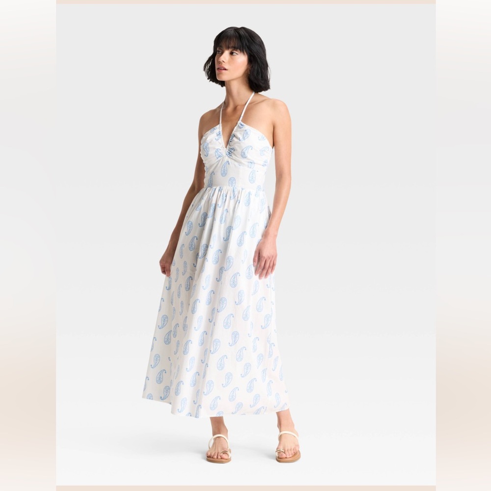 Elegant White and Blue Paisley Halter Dress